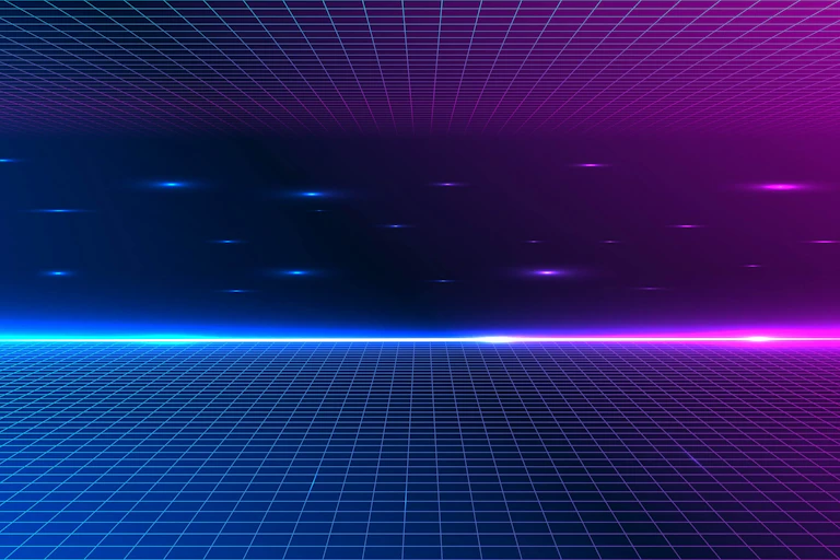 Retro scifi illustration showing an infinite glowing grid receding into the distance with smeared dots of light floating above it.