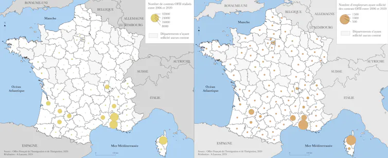 Cartes illustrant le nombre d’employeurs et de contrats OFII réalisés entre 2006 et 2020 dans le secteur agricole en France