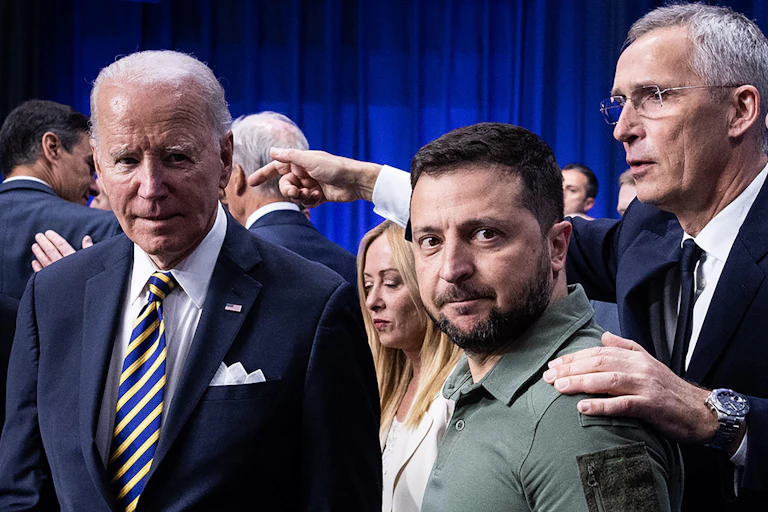 US president, Joe Biden, Ukrainian president, VOlodymyr Zelensky, and Nato secretary-general, Jens Stoltenberg, at a Nato summit in Vilnius, Lithuania, July 2023.