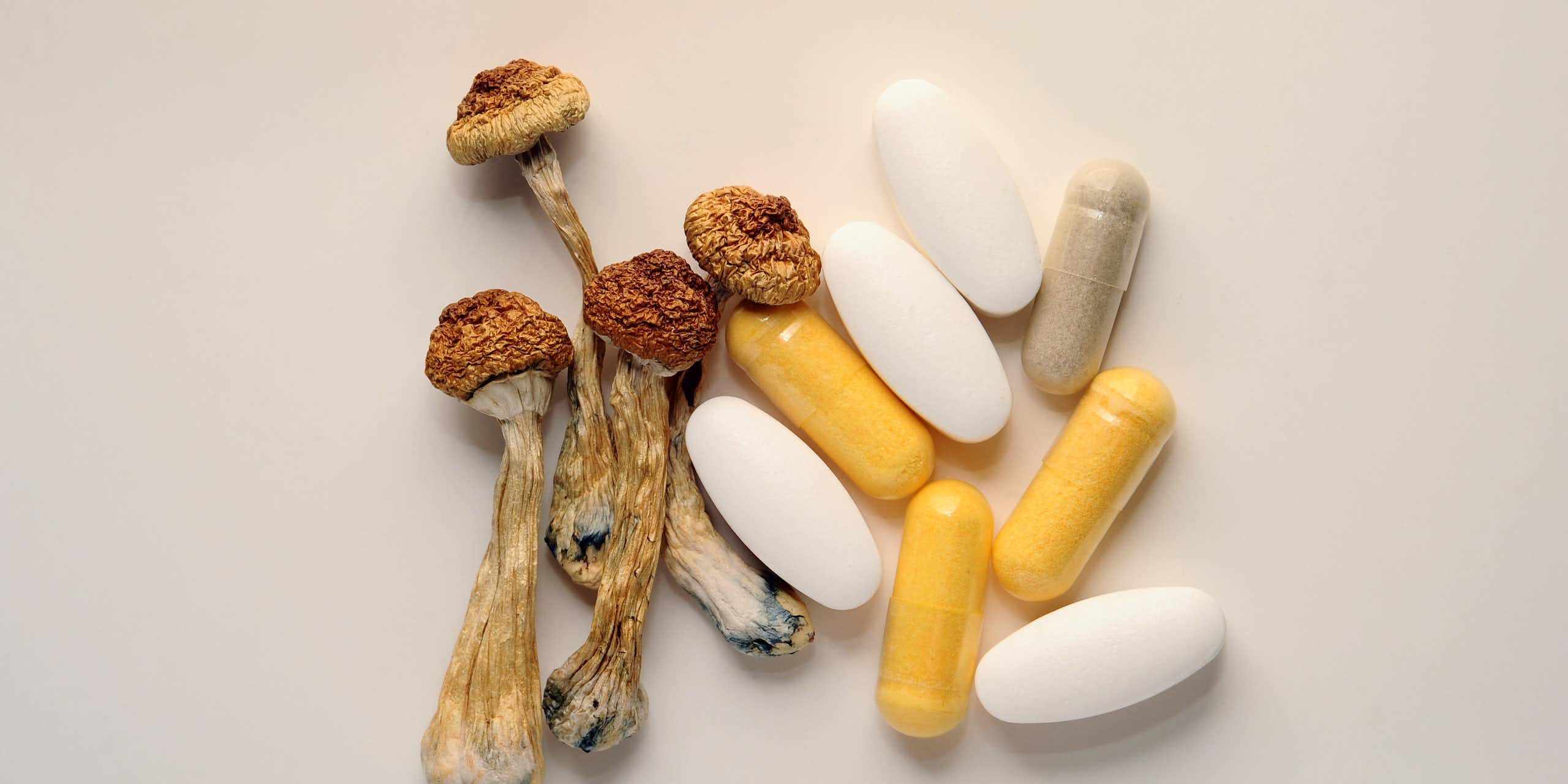 Dried psychedelic mushrooms and medication capsules