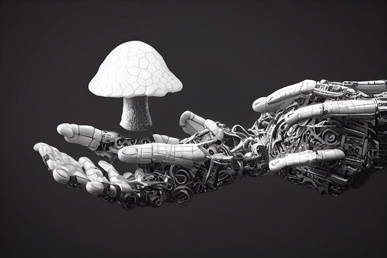 black and white illustration of a robot hand holding a floating mushroom