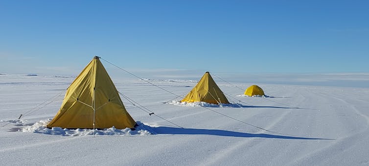 Three polar tents set up on the Ross Ice Shelf.