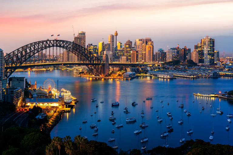 Sydney harbour and city seen in twilight