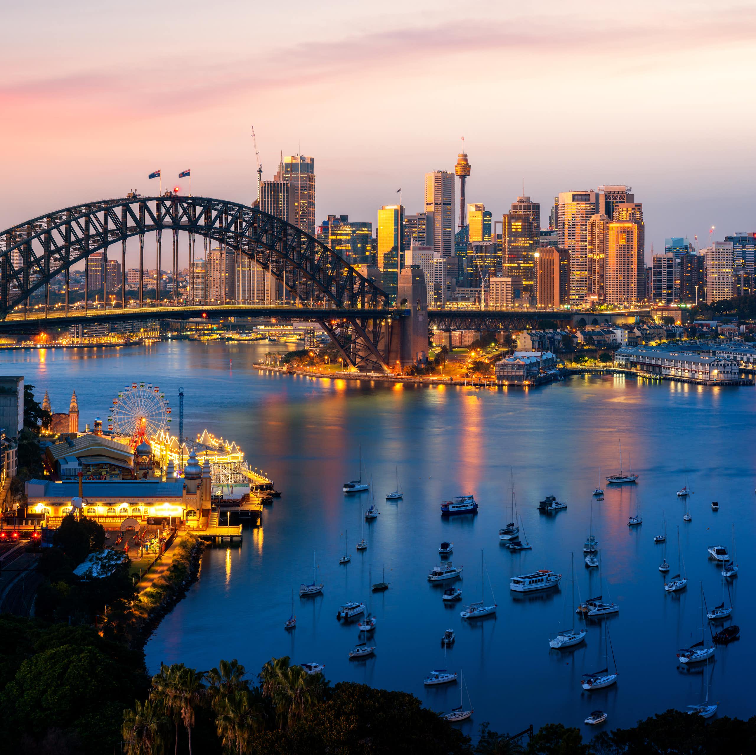 Sydney harbour and city seen in twilight