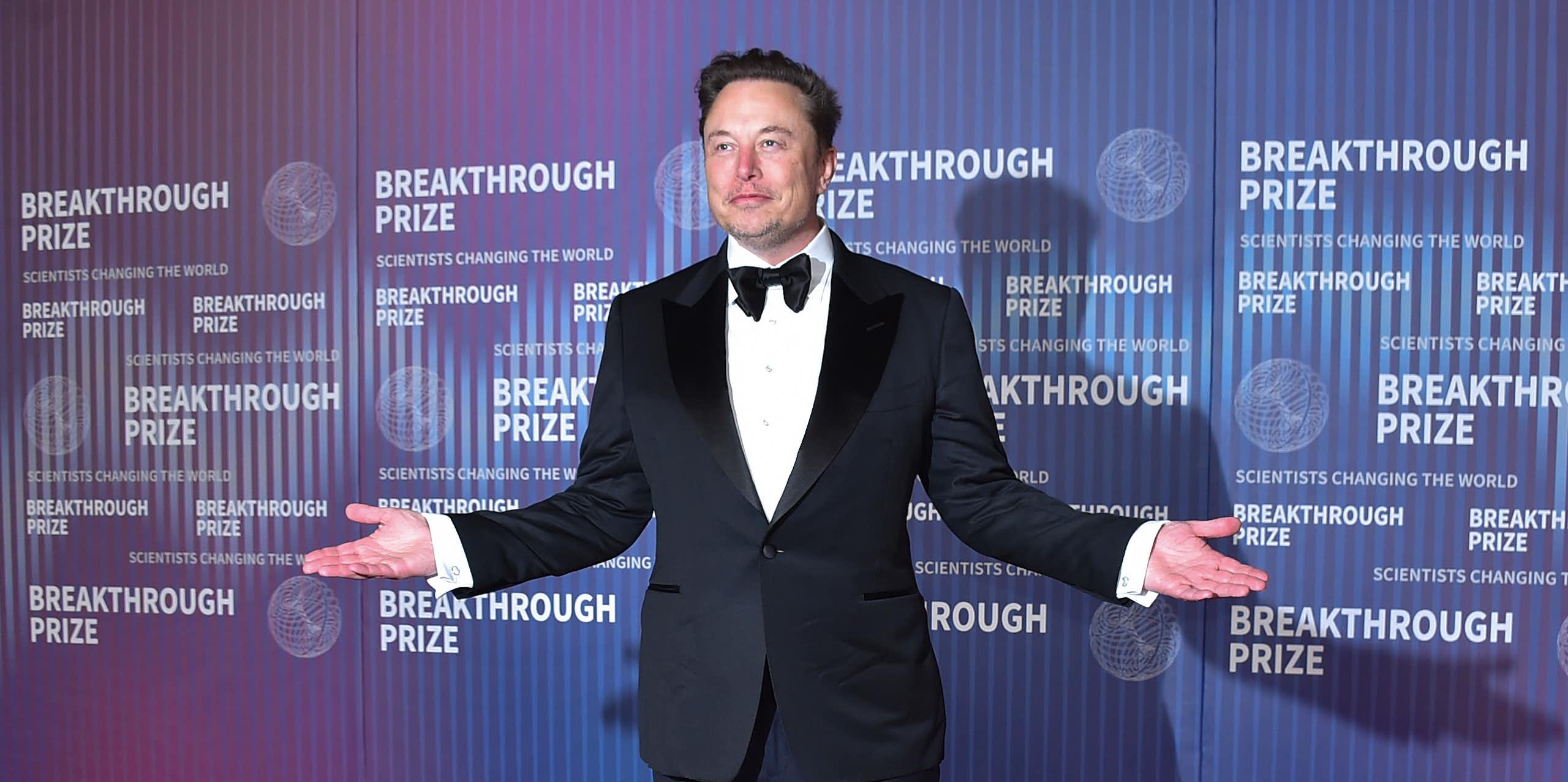 Elon Musk standing on a red carpet.