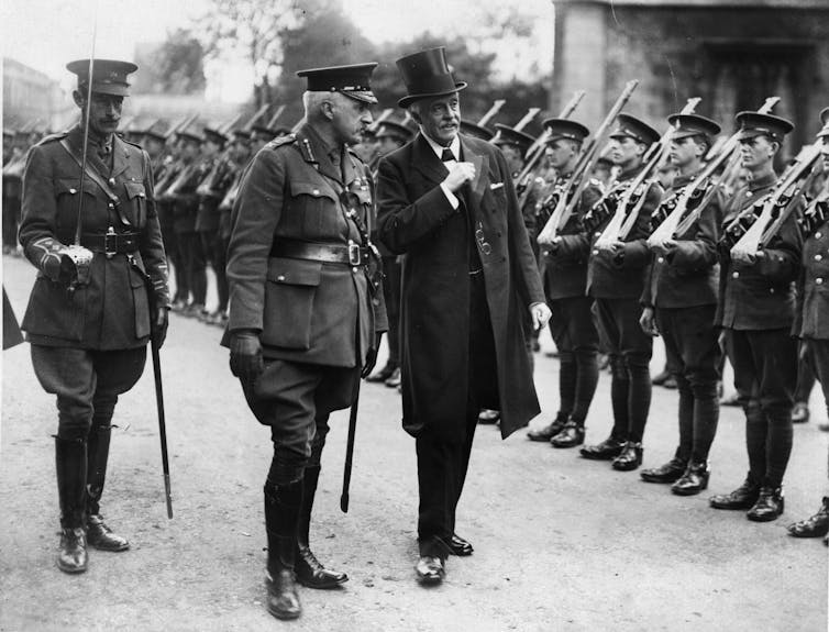 Lord Balfour inspecting troops at York Cathedral during World War I.