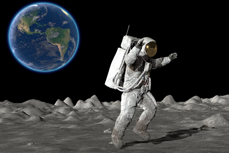 Artist design of an astronaut jumping on the Moon with Earth in the background.