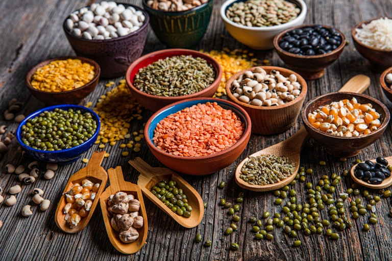 Différentes familles de légumineuses (lentilles corail, haricots blancs, noirs...) et des céréales (maïs, riz...) sont disposées dans des bols en terre et sur des spatules en bois.