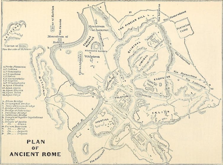 A yellowed map of ancient Rome marked with black lines.