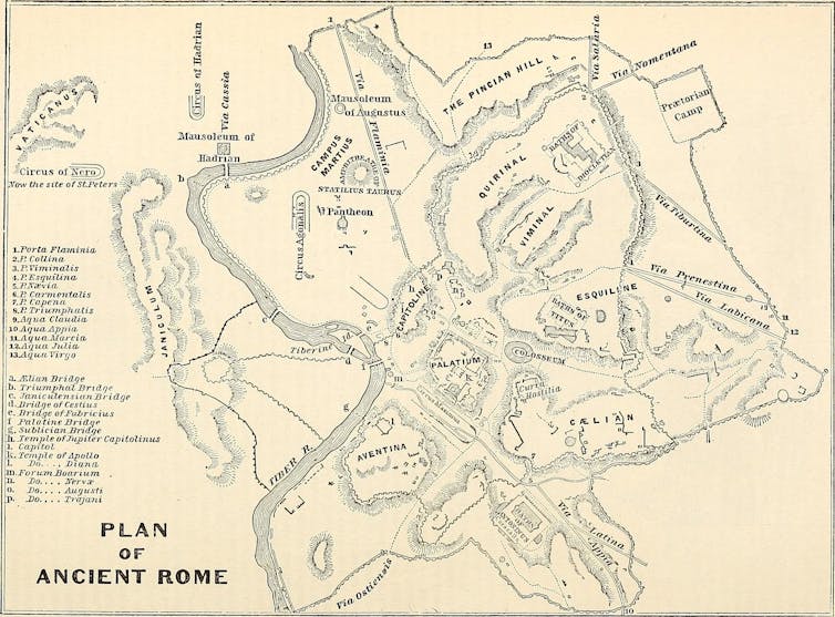 A yellowed map of ancient Rome, marked with black lines.