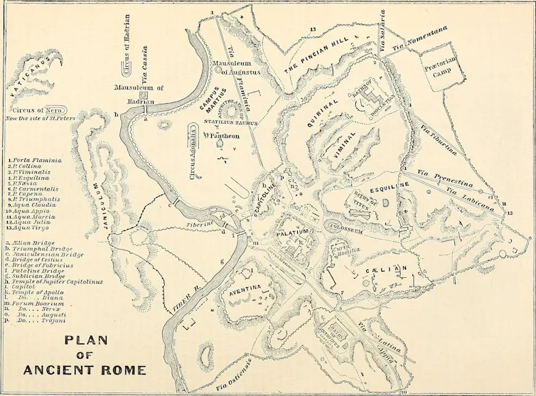 Une carte jaunie de la Rome antique, marquée de lignes noires