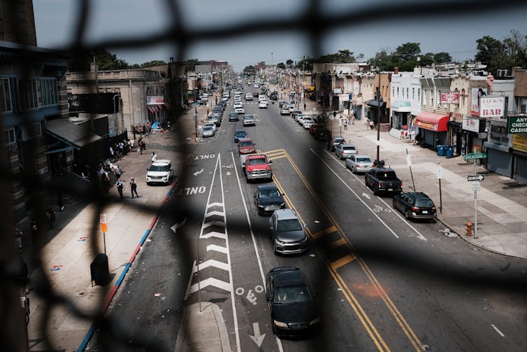 An overhead view of a busy urban corridor in Kensington, a high-poverty neighborhood in Philadelphia