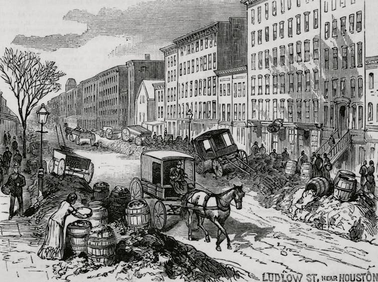 Etching of unsanitary street conditions in 19th century New York City