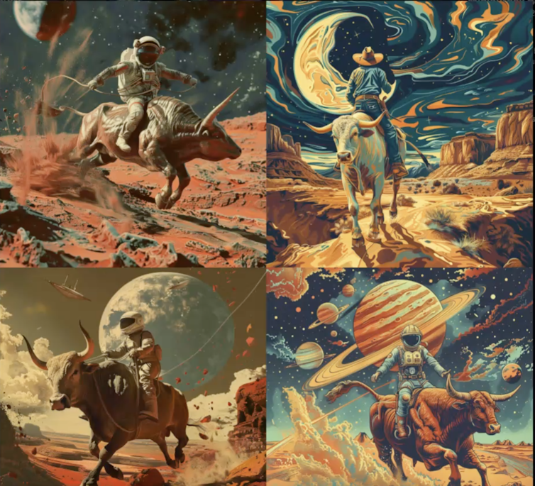 Four AI-generated images created using Midjourney showing an astronaut on a bull on Mars in the style of Van Gogh.
