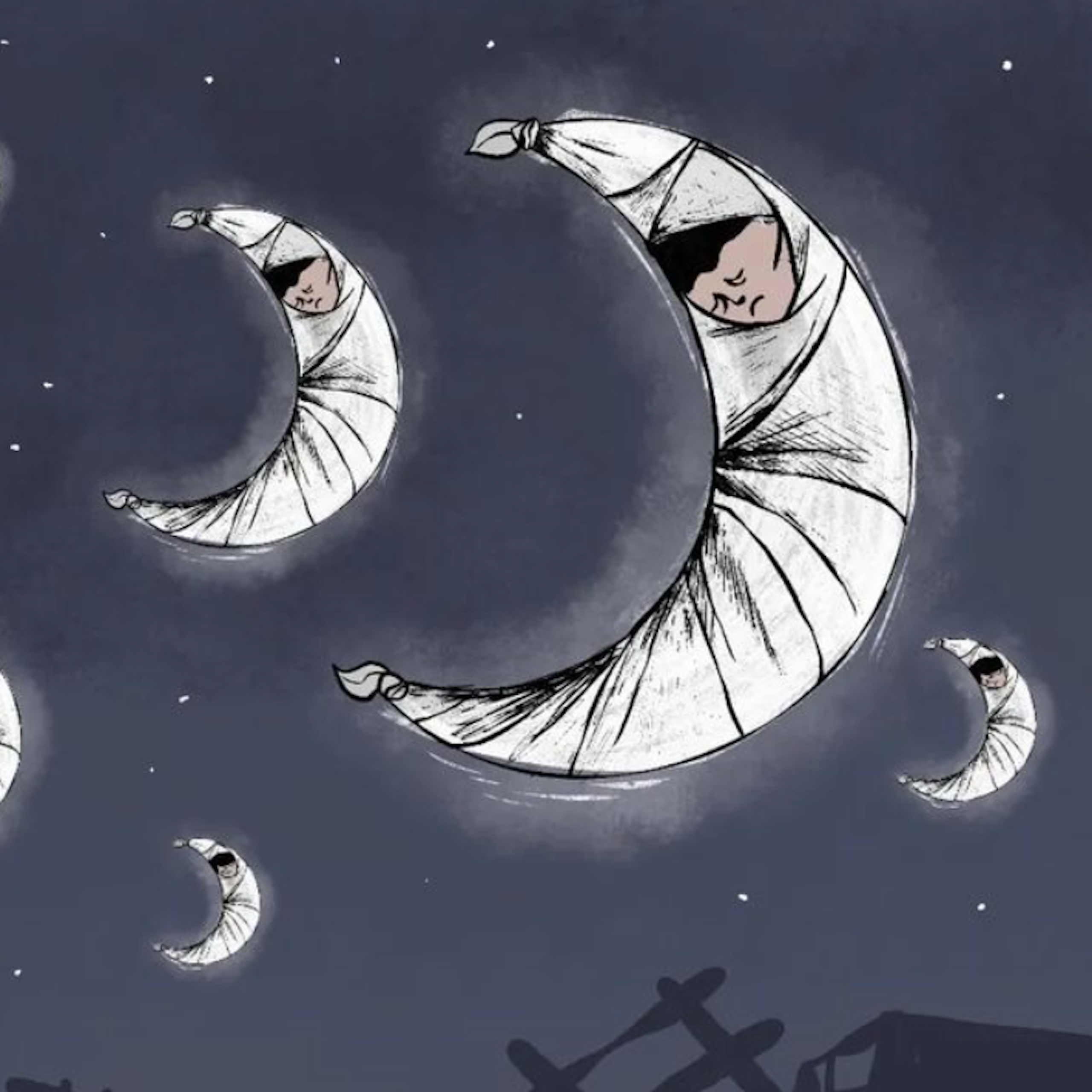 A group of crescent moons against a dark night sky. Each of the moon's has the face of a murdered Palestinian, and the moons appears to be wrapped in white cloth. The ruins of Gaza are spread on the ground below.
