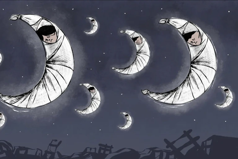 A group of crescent moons against a dark night sky. Each of the moon's has the face of a murdered Palestinian, and the moons appears to be wrapped in white cloth. The ruins of Gaza are spread on the ground below.