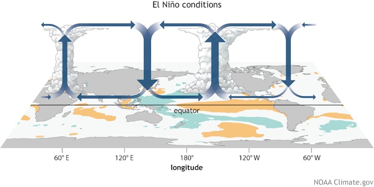 A map showing loops of rising air over the eastern Pacific.