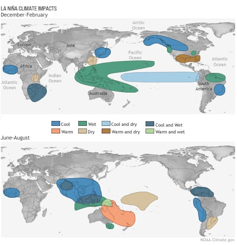 Une carte mondiale montre les zones susceptibles d’être plus chaudes, plus sèches ou plus humides pendant le phénomène La Niña