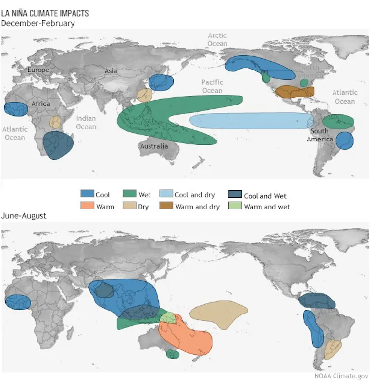 Une carte mondiale montre les zones susceptibles d’être plus chaudes, plus sèches ou plus humides pendant le phénomène La Niña