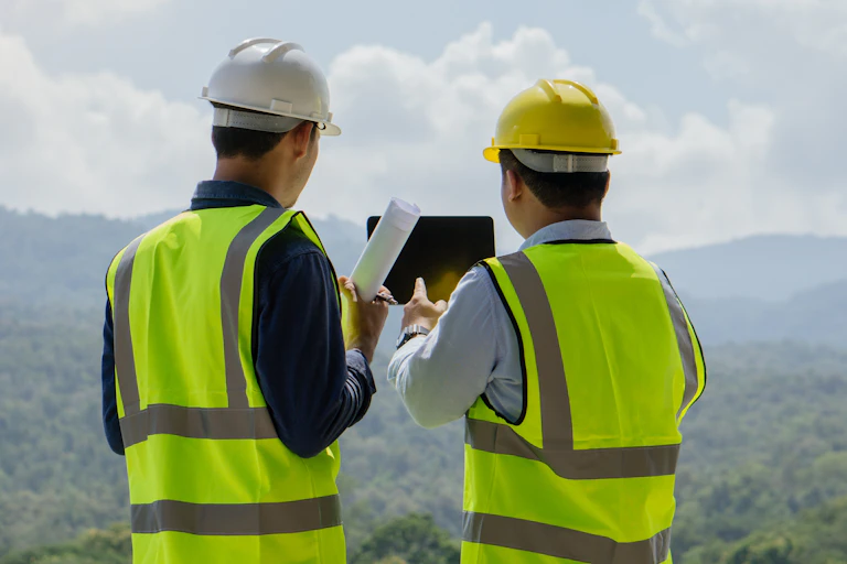 Men in hi-vis vests and hard hats survey a forested area looking at an ipad