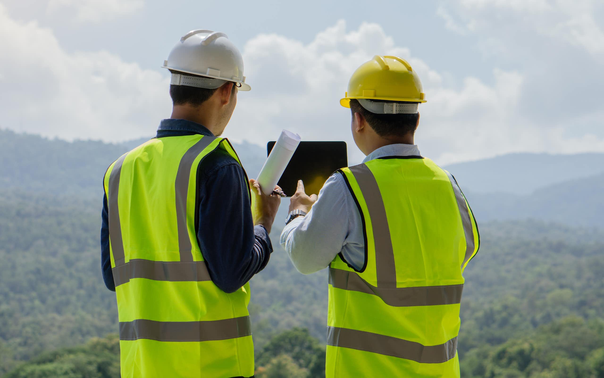 Men in hi-vis vests and hard hats survey a forested area looking at an ipad