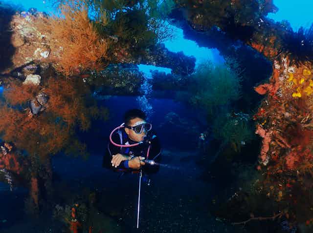 A person dives near a shipwreck in Bali.