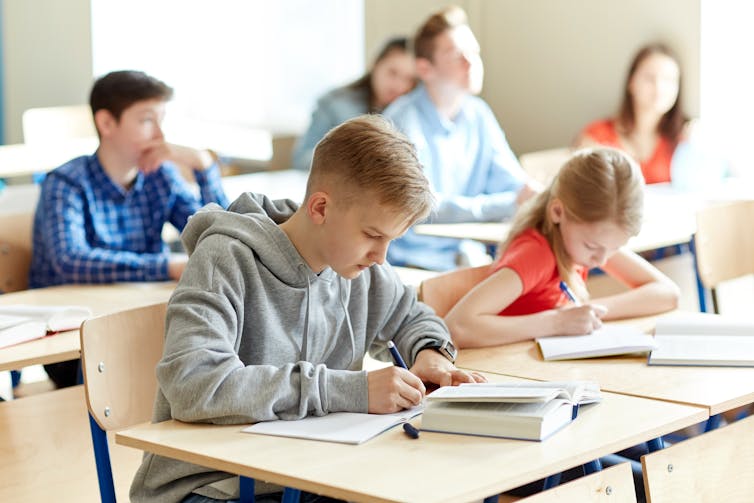 A boy studies at a desk in a classroom with other children