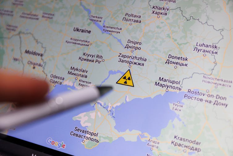 Map showing the location of Zaporizhzhia nuclear power plant in southeastern Ukraine.