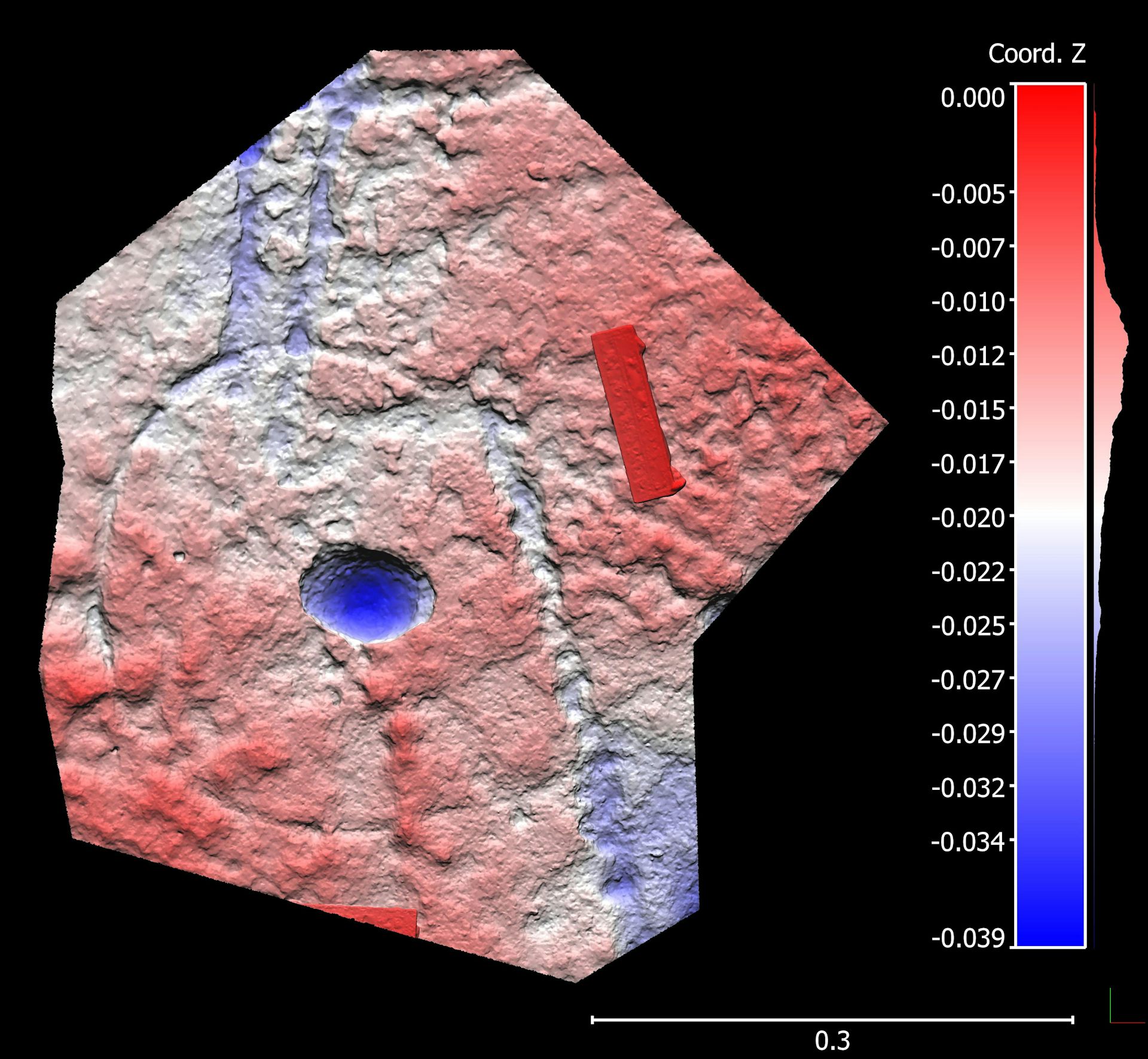A red and blue scale bar pictured next to a scan of a small piece of what looks like rock, also in red and blue
