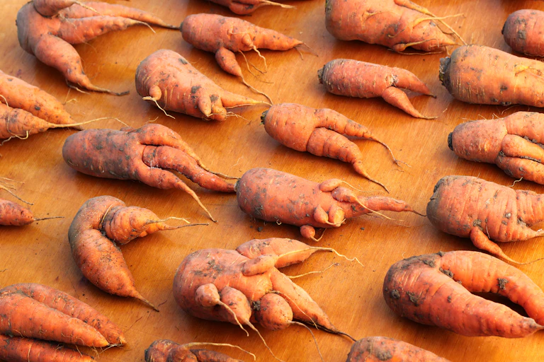 A collection of misshapen carrots.