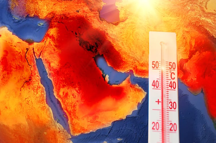 A thermometer transposed on a satellite image of the Arabian Peninsula.