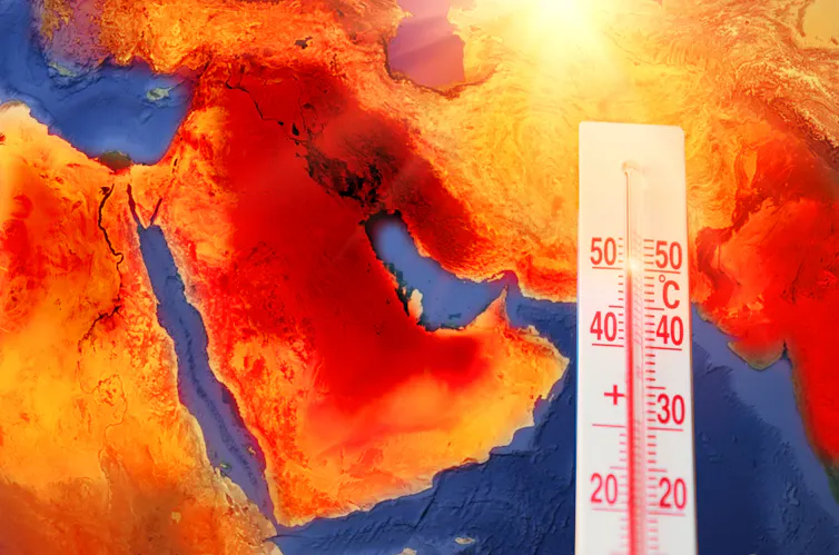 A thermometer transposed on a satellite image of the Arabian Peninsula.