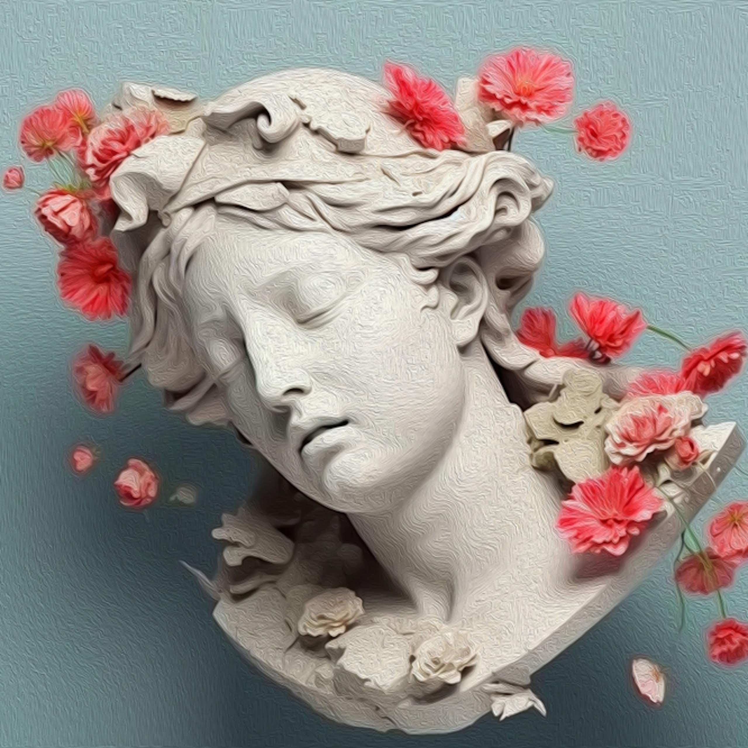 Greco-Roman bust of woman, on its side, with pink flowers scattered