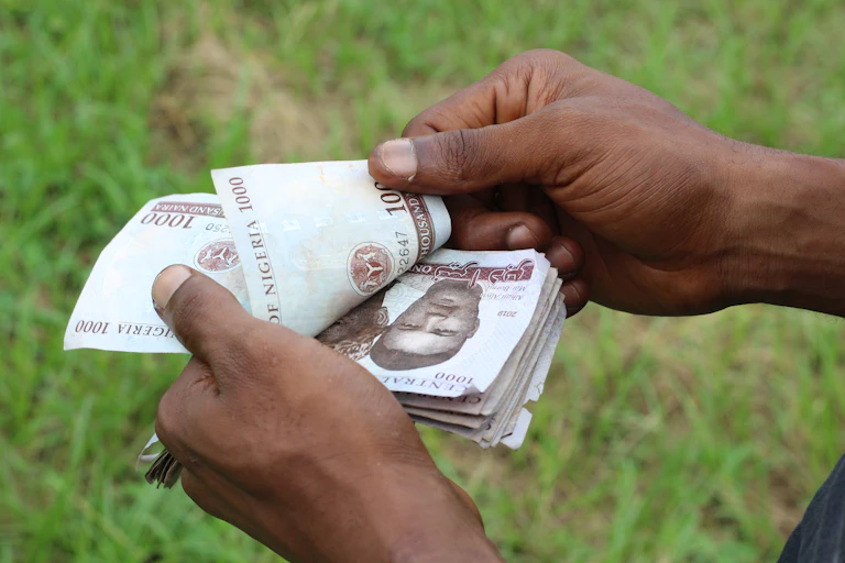 Hands of a person holding and counting a wad of 1,000 naira notes