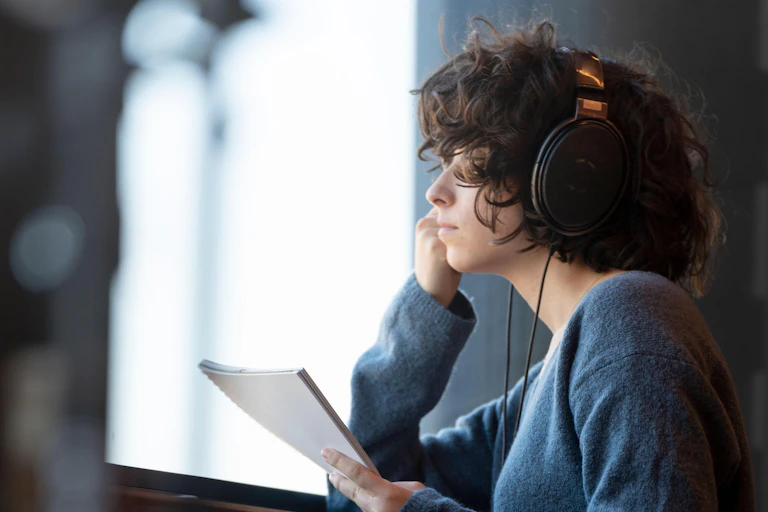 A woman listening to headphones with a neutral expression