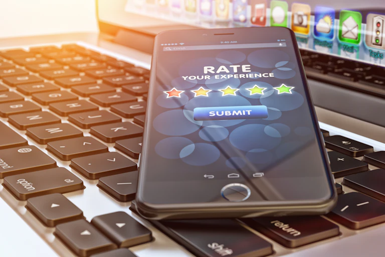 Phone with screen invitation offer an experience rating.