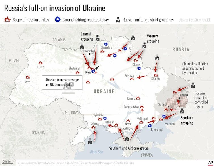 A map showing the locations of Russian military strikes and ground attacks inside Ukraine.