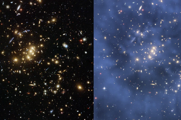 Galaxy cluster, left, with ring of dark matter visible, right.