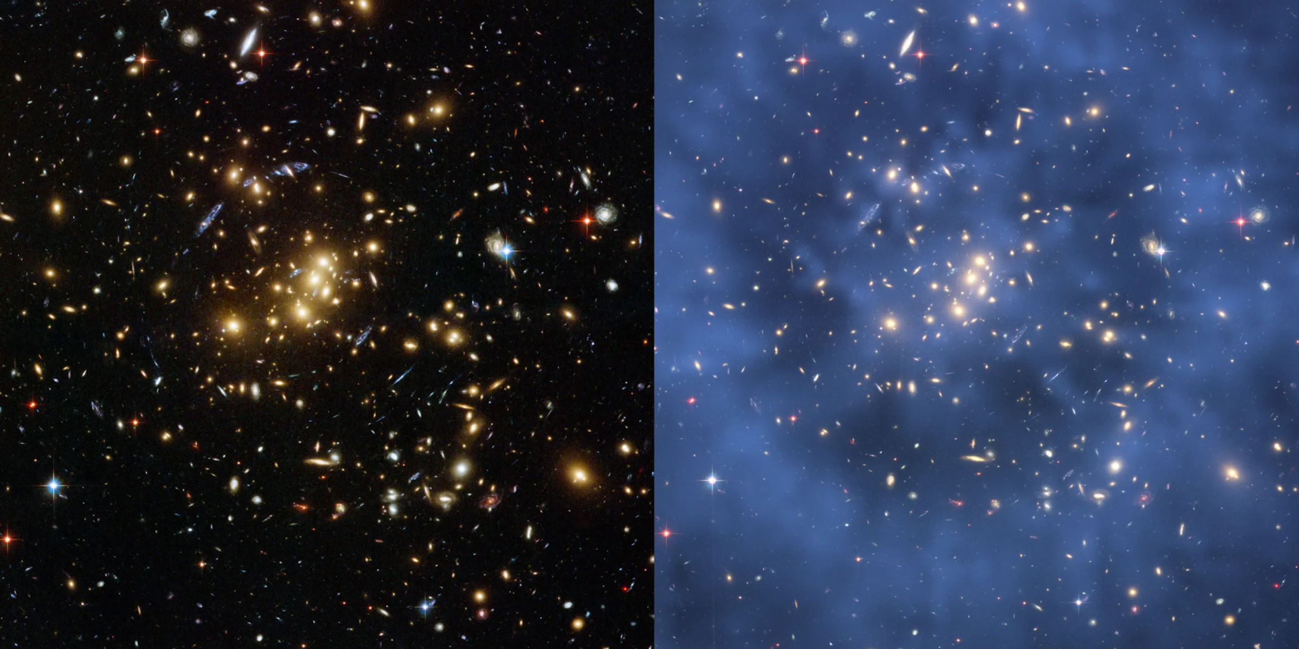 Galaxy cluster, left, with ring of dark matter visible, right.