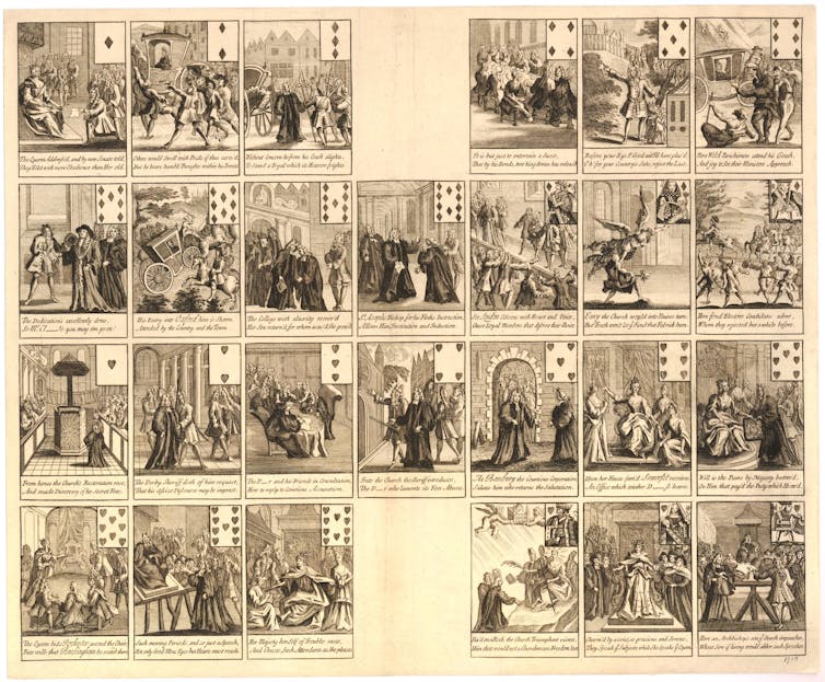 Etchings printed on a sheet of paper meant to be cut into playing cards.