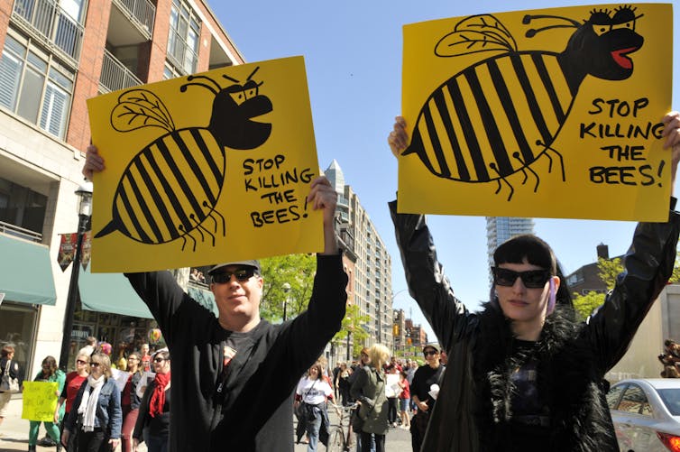 two people holding placards that read Stop Killing Our Bees