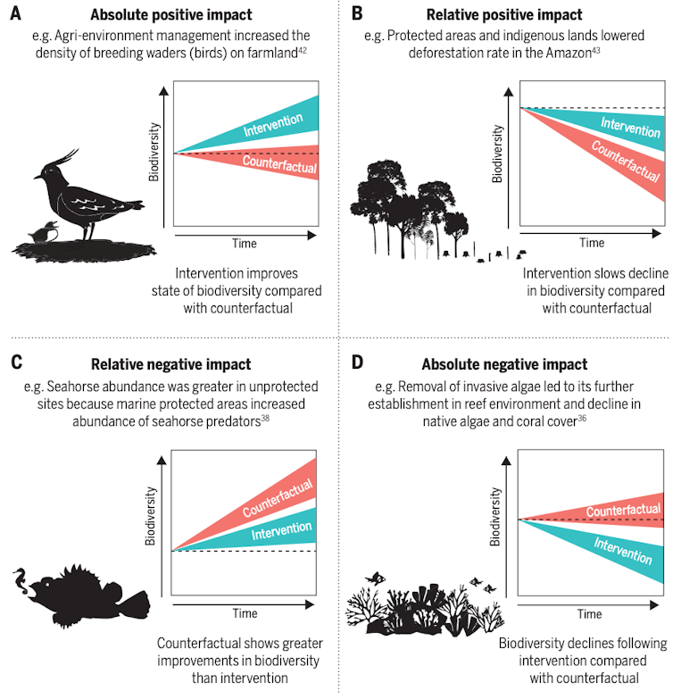 Four graphs depicting four different types of outcomes from conservation actions.
