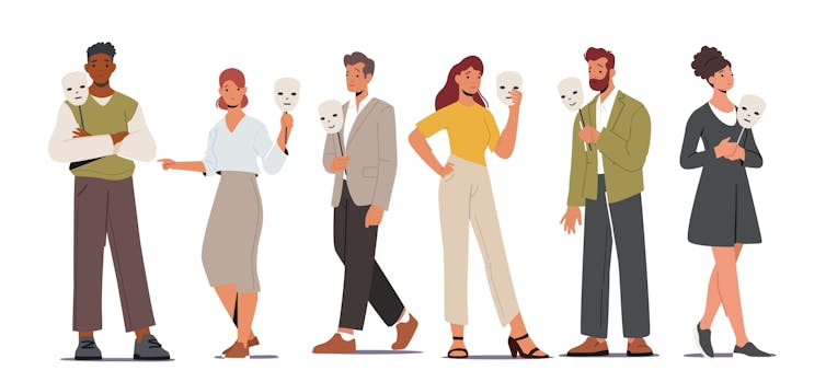 Color vector illustration of six adults in professional attire, each holding a mask.