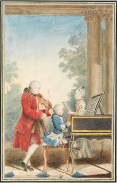 Retrato de Wolfgang Amadeus Mozart, Nannerl Mozart y su padre, por Louis Carrogis 'Carmontelle'.