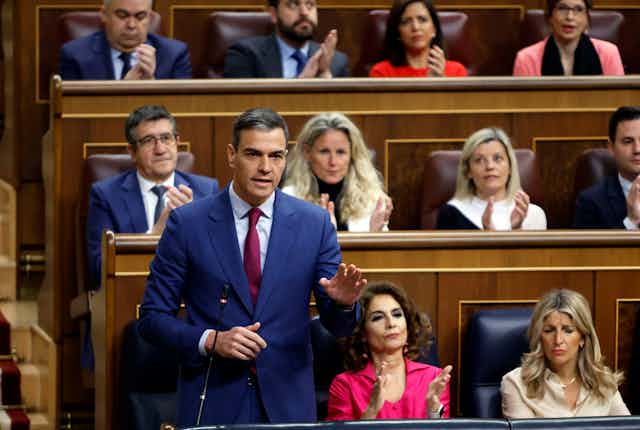 El presidente del Gobierno, Pedro Sánchez, durante su intervención en la sesión de control en el Congreso de los Diputados. 