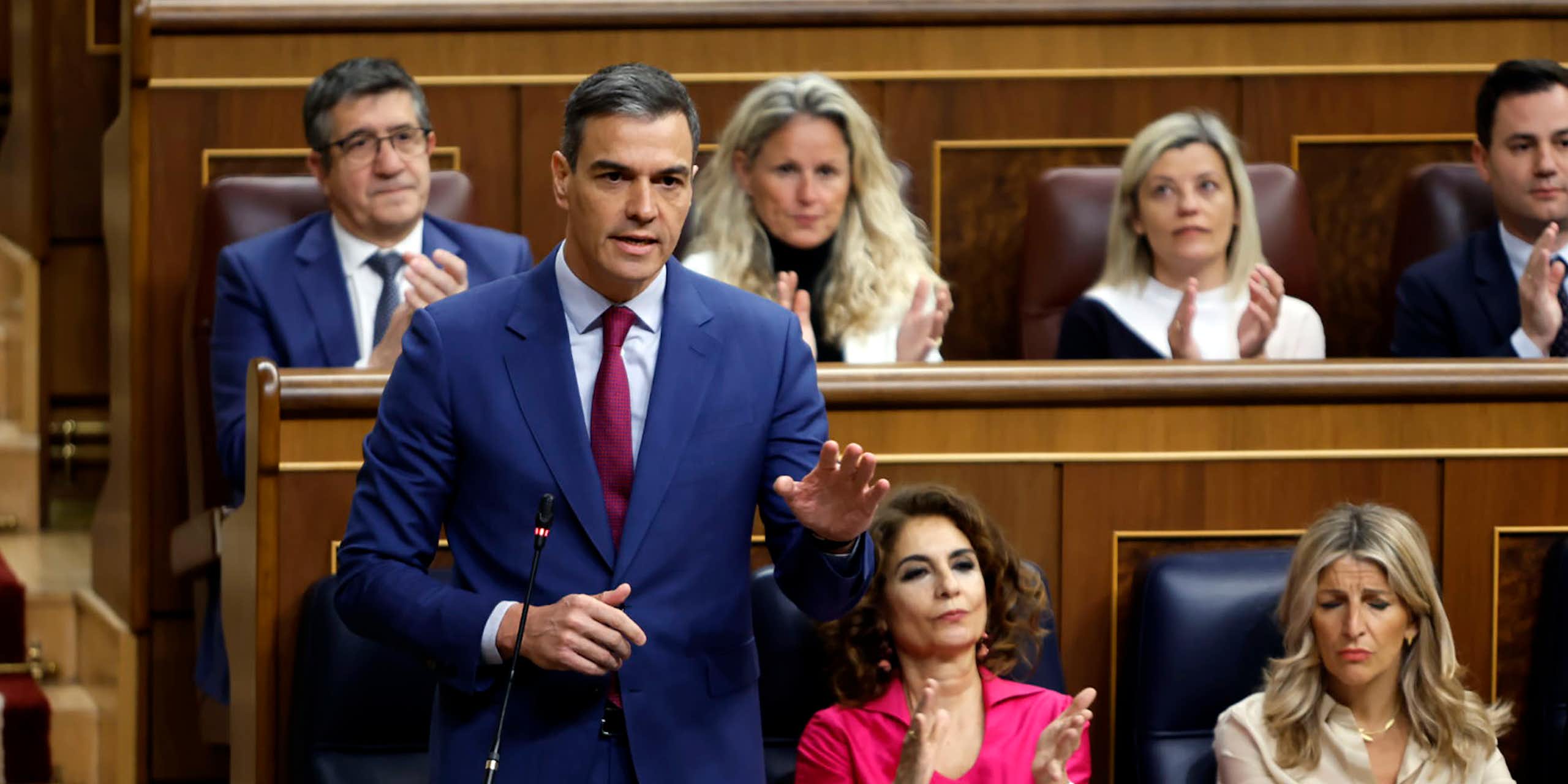 El presidente del Gobierno, Pedro Sánchez, durante su intervención en la sesión de control en el Congreso de los Diputados. 