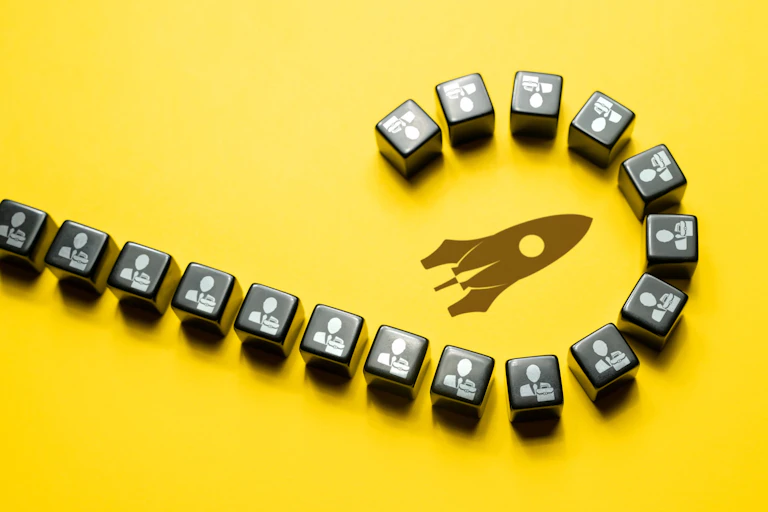 Tech startup illustration with a rocket in the middle