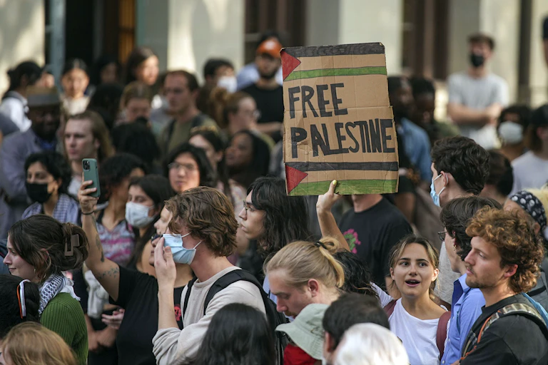 A sign says 'Free Palestine' at a protest.