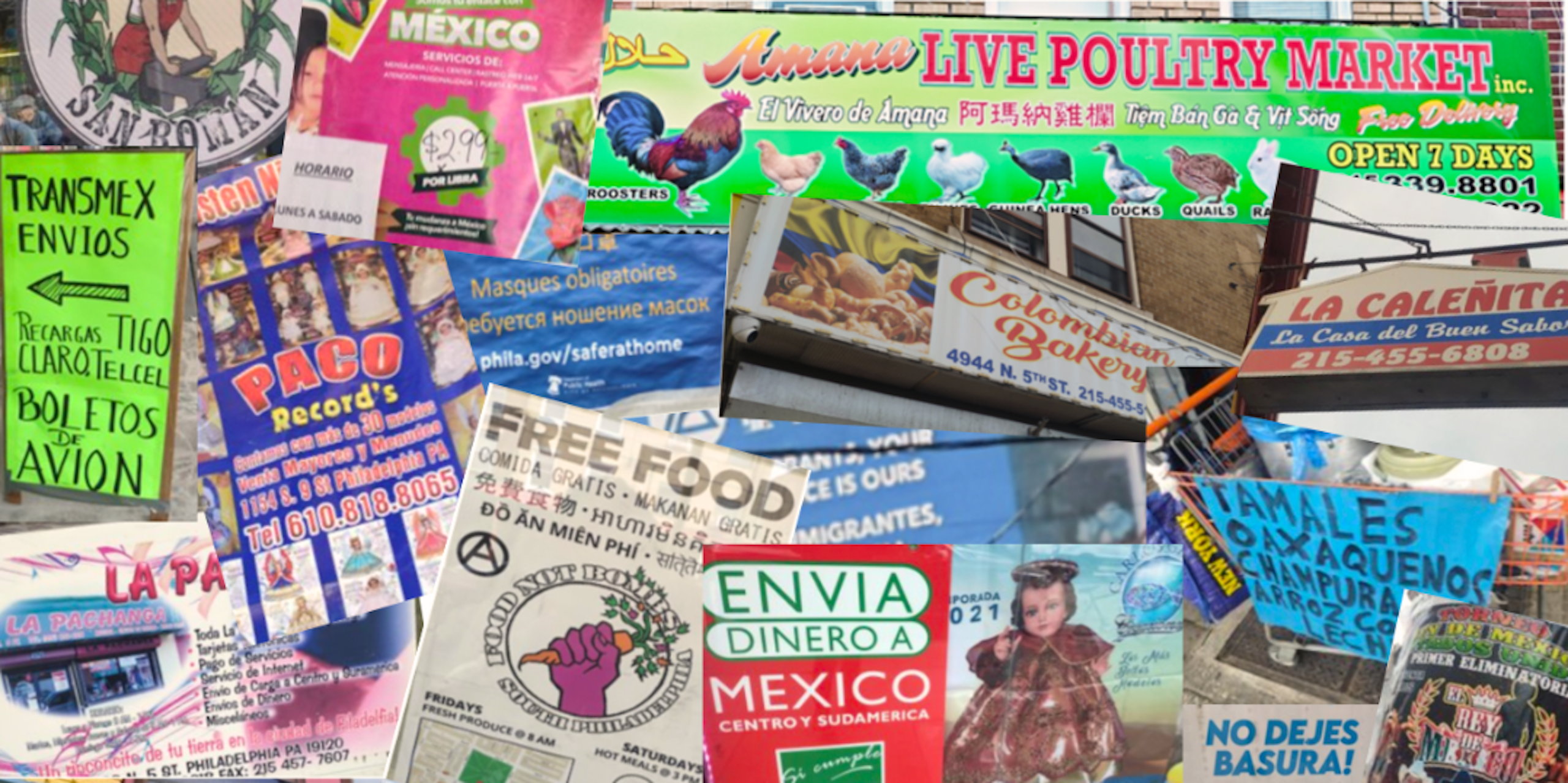 A collage of public signs written in Spanish, English and other languages