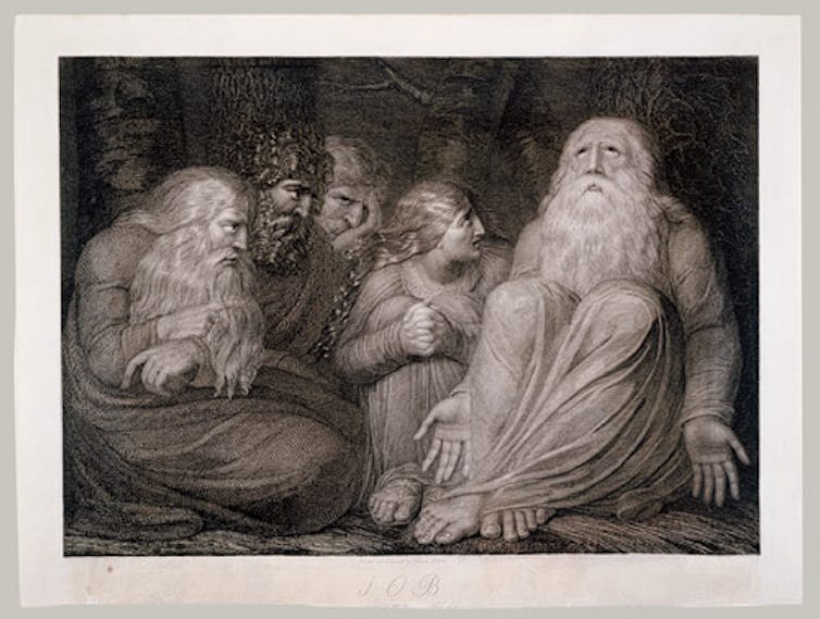 A black and white drawing of four seated figures.  Three of them stare intently at the fourth, who looks up mournfully.